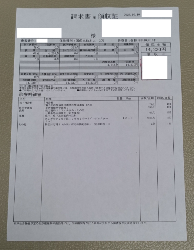 エムガルティ注射で受診時の領収書